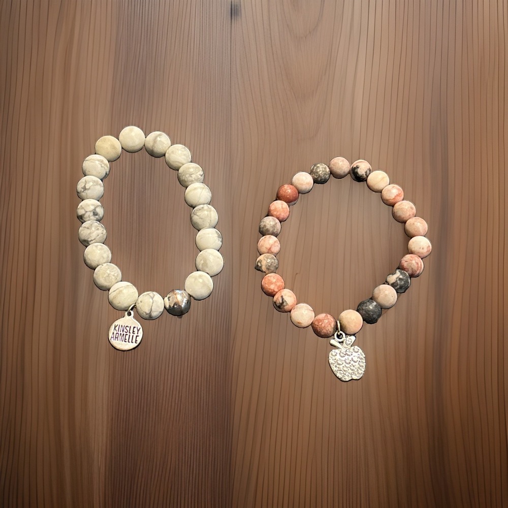 Kinsley Armelle Boho Beaded Stretch Bracelet Stack 2pc White Marble Pink Stone